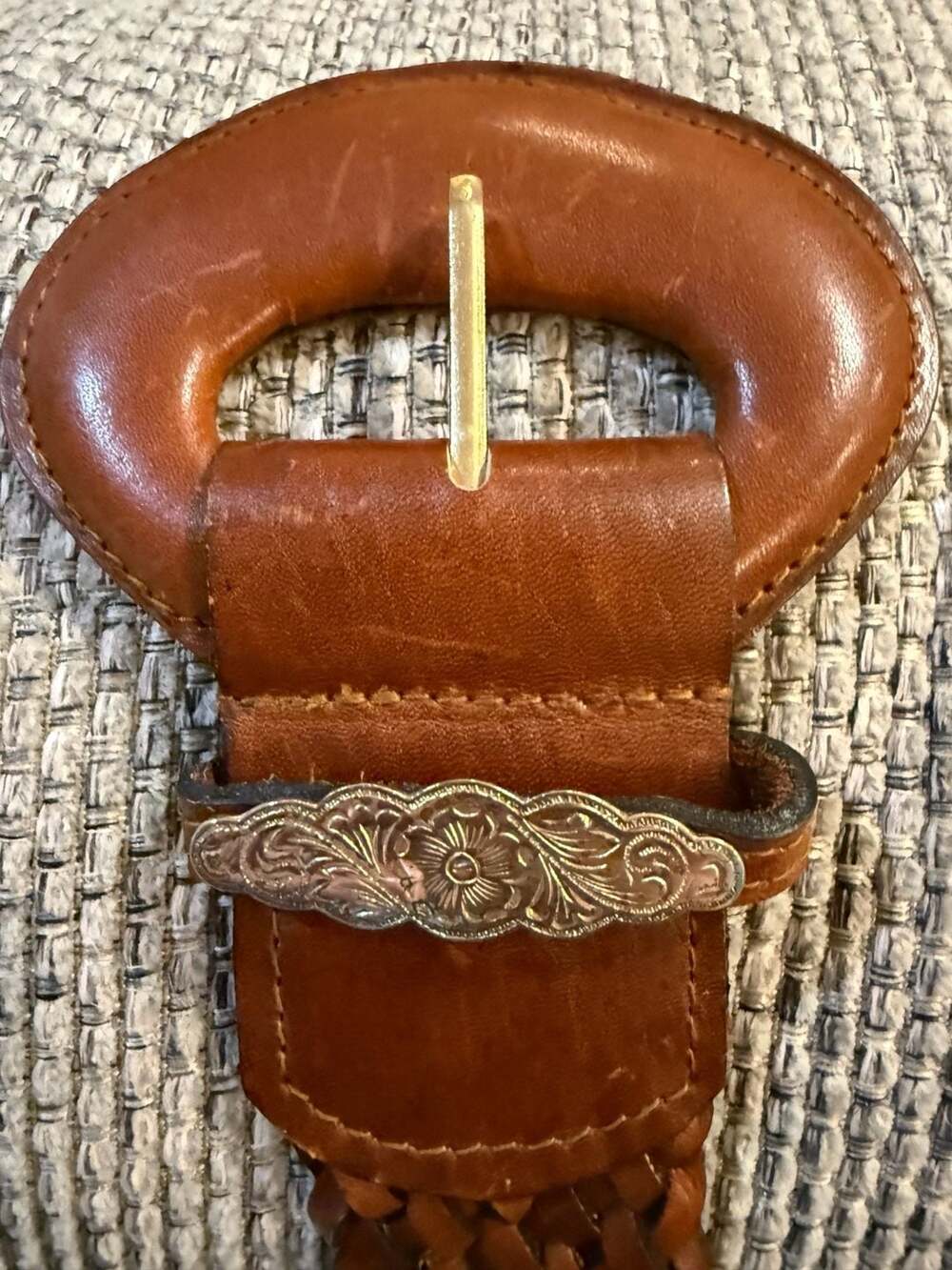 Vintage Brown Woven Leather Belt with Western Engraved Keeper. Country Rodeo